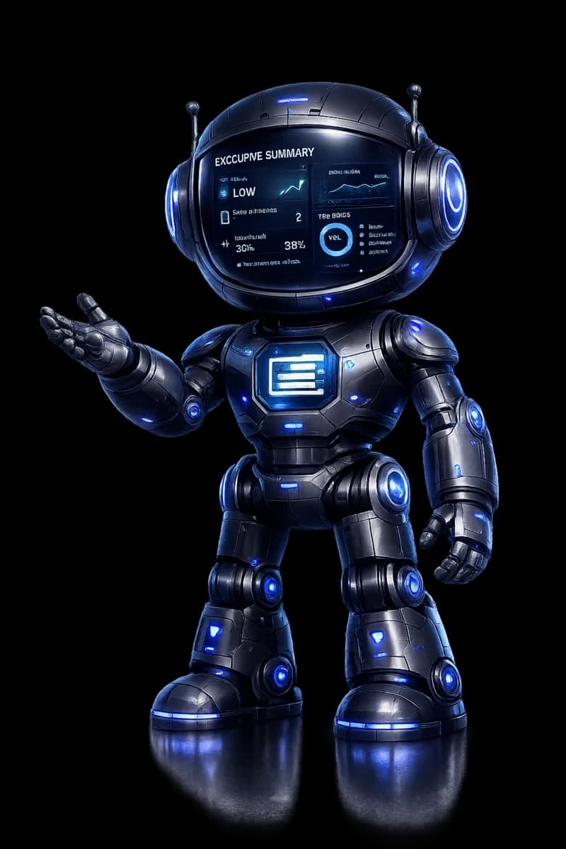 A small gunmetal presenter android with an executive summary screen for a face