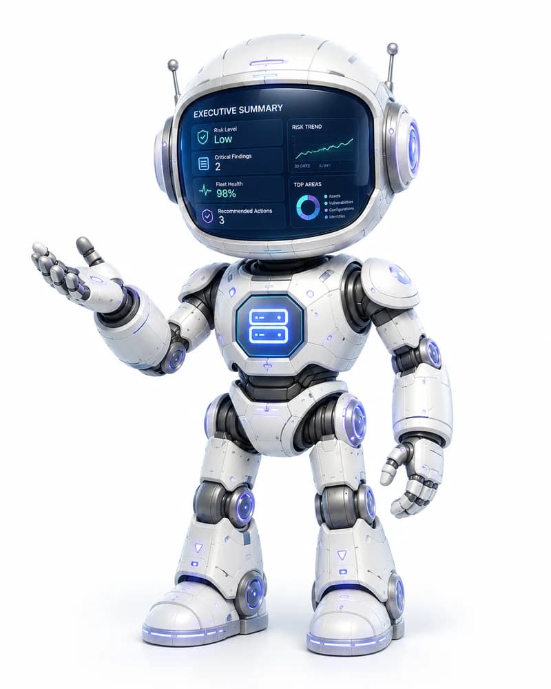 A small white presenter android with an executive summary screen for a face